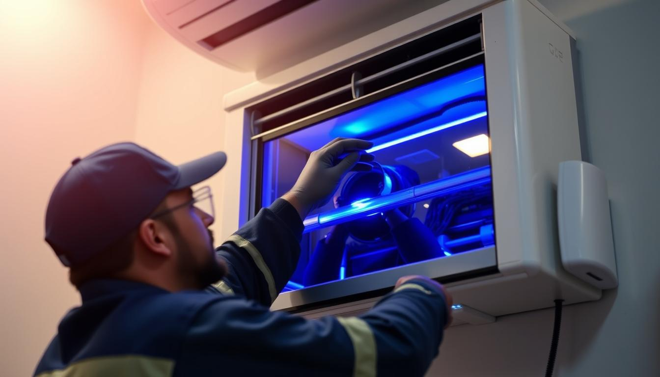 فني تكييف يقوم بصيانة وتنظيف جهاز تكييف سبليت باحترافية